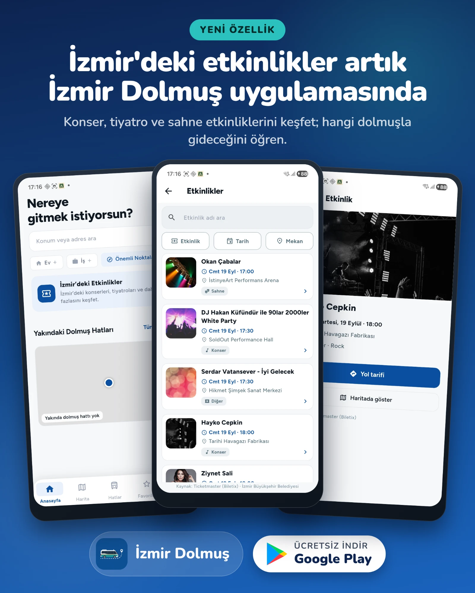 İzmir Dolmuş etkinlikler ekranı — konser, tiyatro ve sahne etkinlikleri