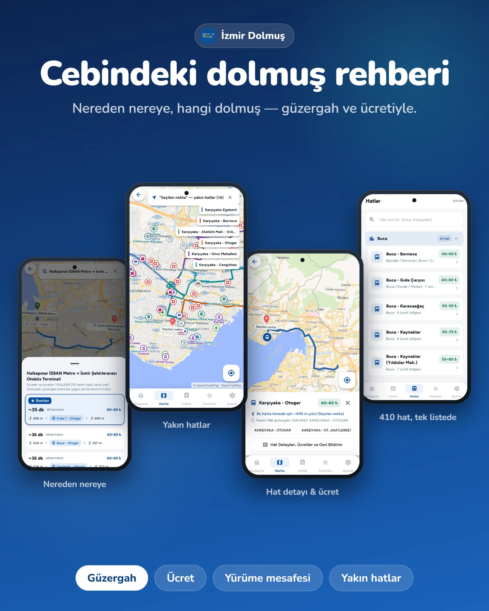 İzmir Dolmuş uygulaması ekran görüntüleri — güzergâh, yakın hatlar, hat detayı ve ücret